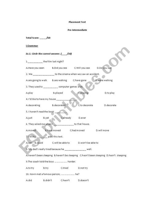 Pre Intermediate Placement Test Esl Worksheet By Marzenka1204