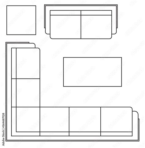 2D graphic drawing of the top view layout of the sofa set and its side ...