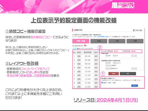 風俗経営サクセスサポート｜information 【 風俗じゃぱん！ 】店舗管理画面『 上位表示予約機能』改修のお知らせ