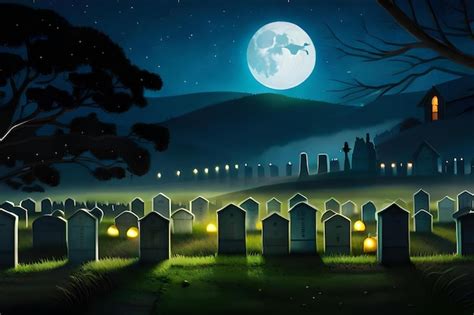 Premium AI Image A Spooky Graveyard With A Full Moon In The Background