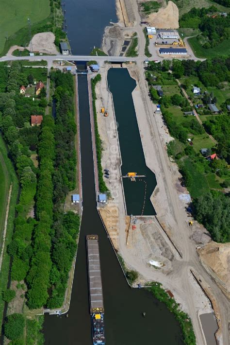 Luftaufnahme Zerben Baustelle Schleuse Zerben und Zerbener Brücke am