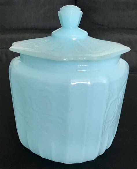 Vintage Kitchen Blue Depression Glass Biscuit Cookie Jar Canister Mayfair Open R Antique