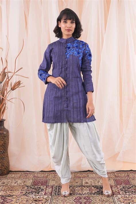 Buy Blue Jacket Tussar Ghicha Silk Embroidery Resham Band Work And