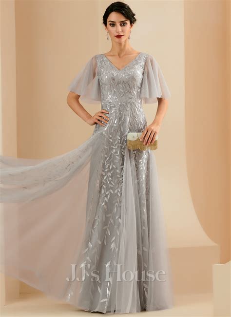 A Line V Neck Floor Length Lace Tulle Evening Dress With Sequins