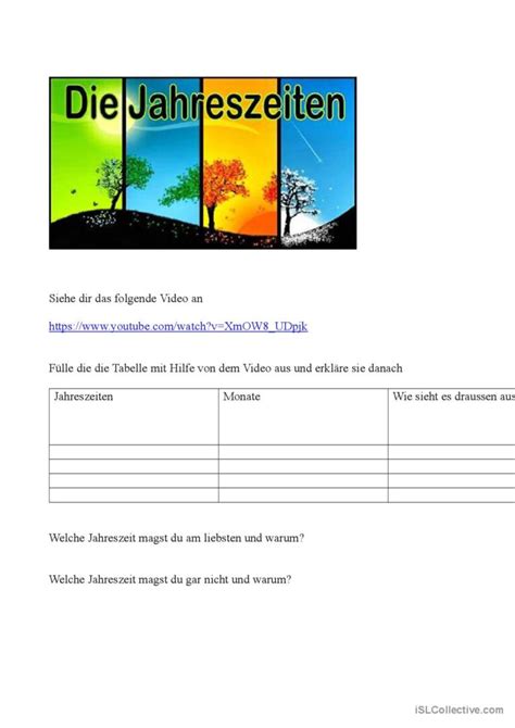 Jahreszeiten Deutsch DAF Arbeitsblätter pdf doc