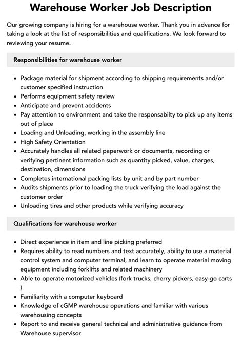 Warehouse Worker Job Description Velvet Jobs