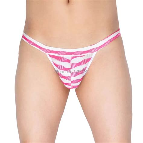 Men S Striped Bikini Jacquard Mesh Sexy Bikinis Tangas Bulge Pouch Open Crotch Gay Mini String T