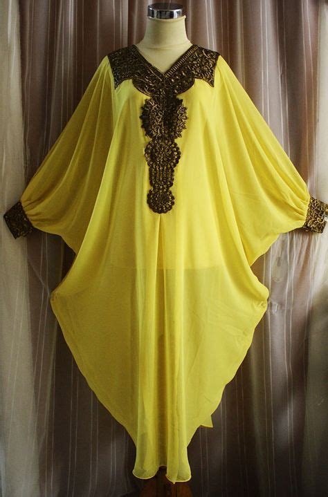 Fancy Yellow Moroccan Kaftan Dubai Style Embroidery Abaya Hijab Maxi