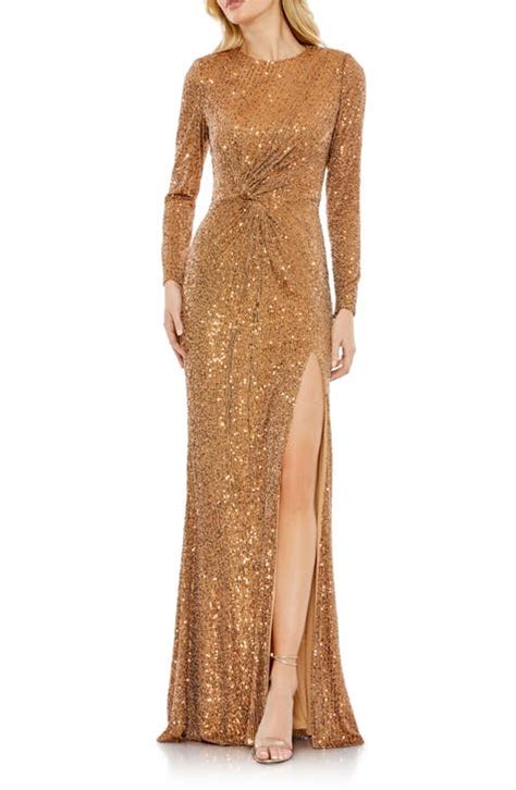 Mac Duggal Long Sleeve Deep Surplice V Neck Sequin Thigh High Slit