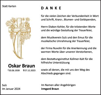 Traueranzeigen Von Oskar Braun Schwarzw Lder Bote Trauer