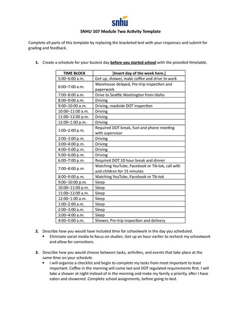 SNHU 107 Module Two Activity Joshua Quirk Schedule SNHU 107 Module