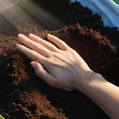 Hand Holding Soil Hands Touching Soil On The Field Farmer Holding