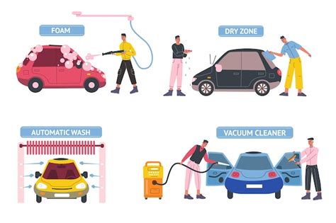 Premium Vector Self Car Wash Service People Cleaning Automobile