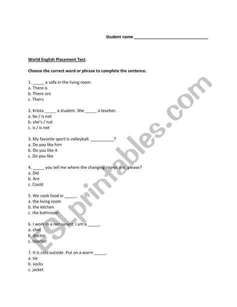 World English Placement Test Esl Worksheet By Deborams84