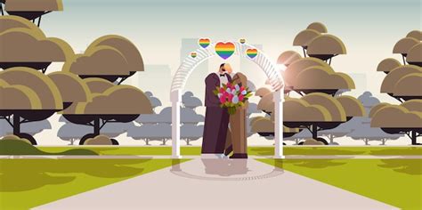 Premium Vector Newlywed Gay Couple With Flowers Kissing Near Wedding