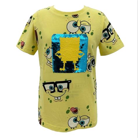 Playera Bob Esponja para Niño Manga Corta Caras Lentejuela Reversible