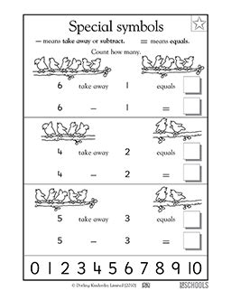 Kindergarten Math Worksheets: Math symbols: - sign | GreatSchools