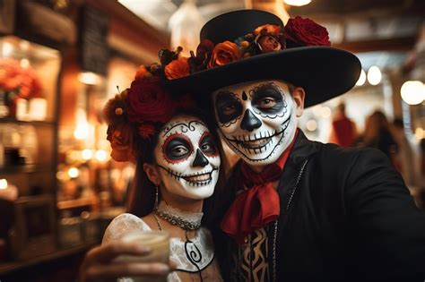 Pareja En Disfraces De Halloween Haciendo Selfie Atuendo Mexicano