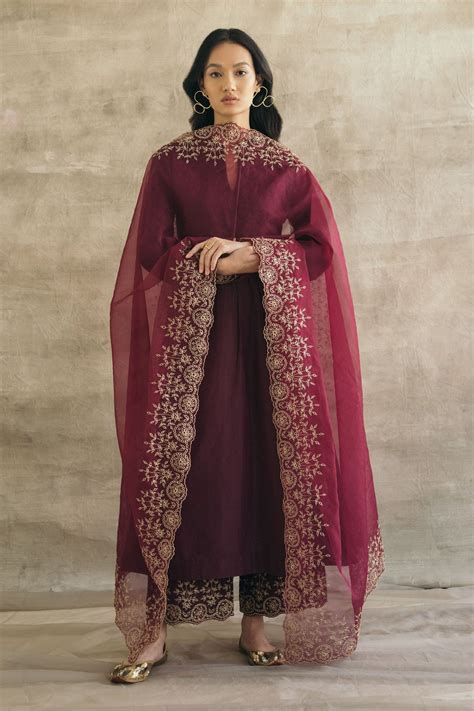 Sureena Chowdhri Silk Chanderi Kurta Palazzo Set Purple Thread Silk