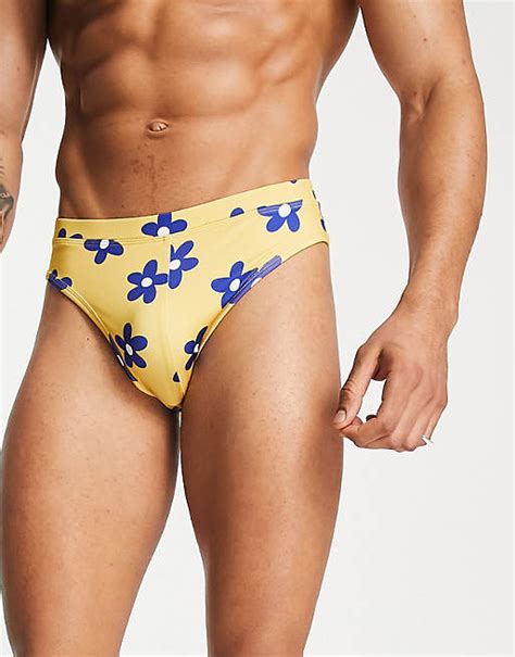 Asos Design Swim Briefs In Yellow Floral Print Asos