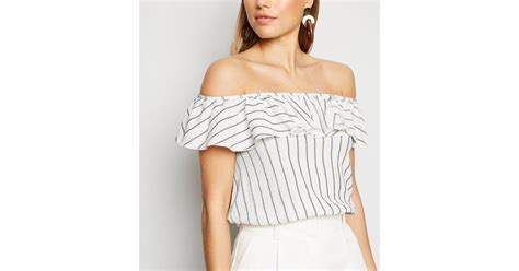 White Stripe Frill Trim Bardot Top New Look