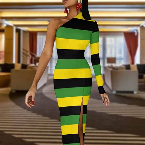 2024 Jamaica Flag Long Dress Womens Black Yellow Green Stripes Street