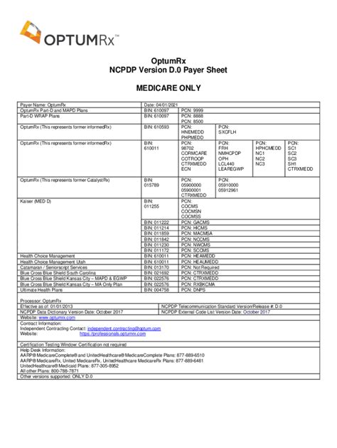 Fillable Online OptumRx NCPDP Version D 0 Payer Sheet Fax Email