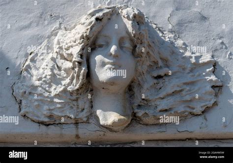 Plaster Stone Gargoyle Womans Head In Relief Plaster Building