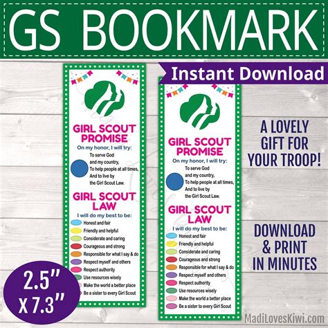 Printable Girl Scout Promise And Law Bookmark Troop Leader Instant