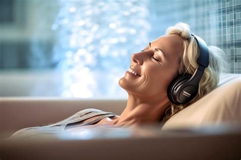 Premium Photo A Woman Relaxing In A Tub With Headphones On