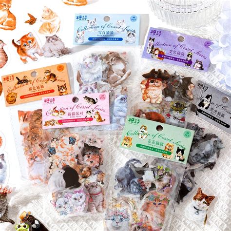 Journamm 40pcs Pack Kawaii Cat Stickers Pack PET Materials Collage