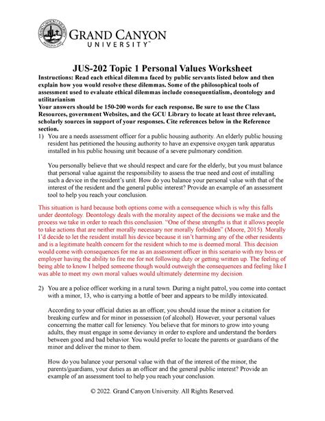 Jus Topic Personal Values Worksheet Jus Topic Personal