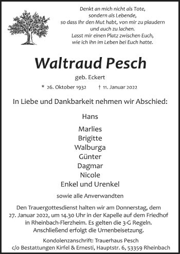 Traueranzeigen Von Waltraud Pesch Wirtrauern