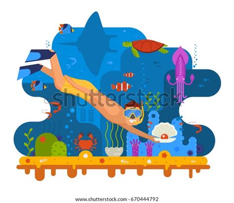 해저에서 조개를 찾는 스쿠버 다이버와 함께 스톡 벡터로열티 프리 670444792 Shutterstock