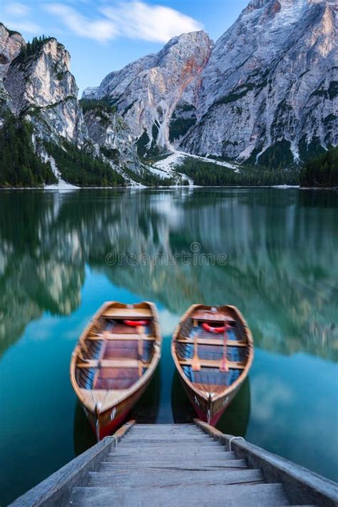 Boats on the Braies Lake Pragser Wildsee in Dolomites Mounta Stock ...