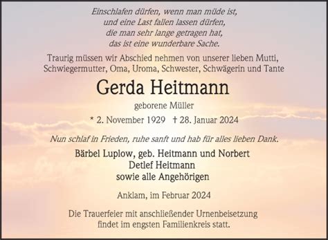 Traueranzeigen Von Gerda Heitmann Trauer Nordkurier