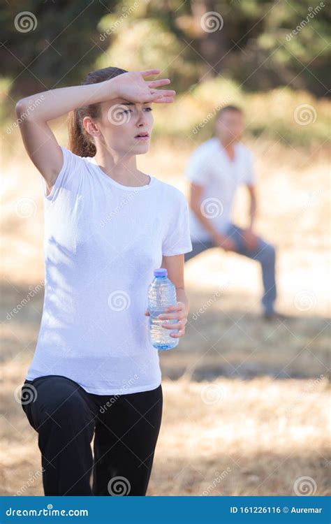 Tired Woman Wiping Sweat Stock Photo Image Of Front 161226116