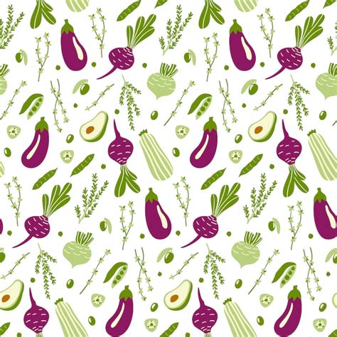 Patrón sin fisuras con verduras doodle verdes y violetas Vector Premium