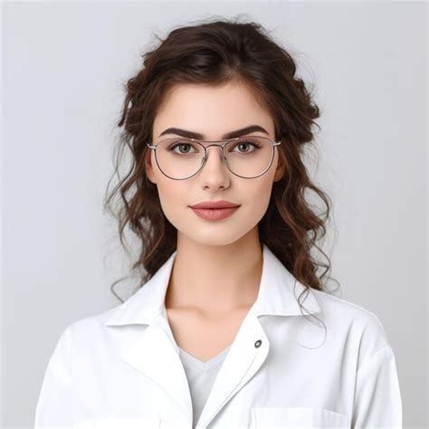 Premium Ai Image A Woman Wearing A White Lab Coat And Glasses With The Letter T On It