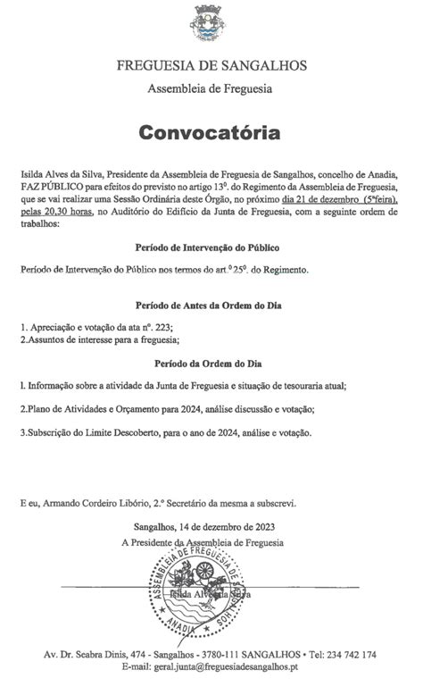 Assembleia De Freguesia Reunião Ordinária De Dezembro Freguesia De