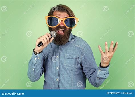 Speak Louder Male Speaker With Mic Vocal Happy Smiling Mature Man Guy With Beard Sing In