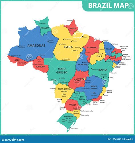 The Detailed Map Of The Brazil With Regions Or States And Cities