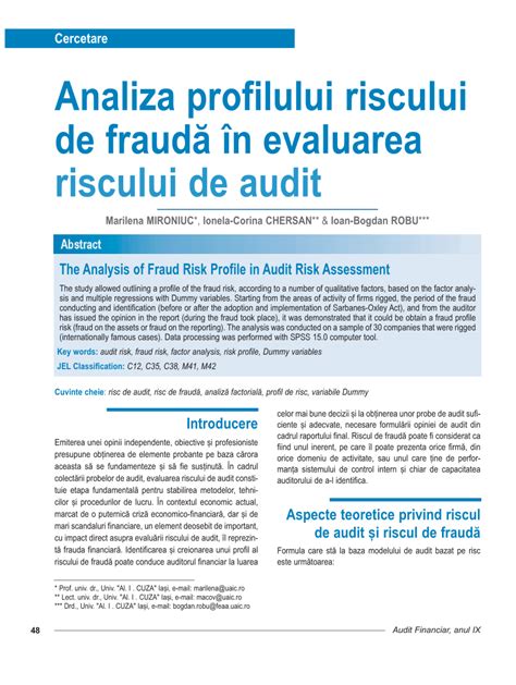 Pdf Analiza Profilului Riscului De Frauda In Evaluarea Riscului De Audit