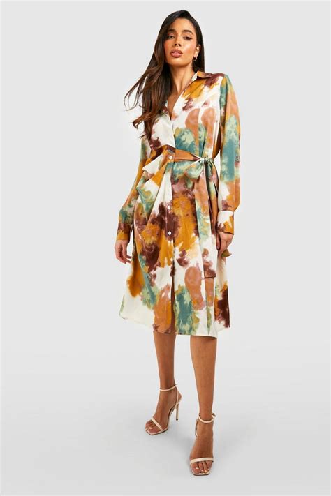 Printed Tie Detail Shirt Dress Boohoo Uk