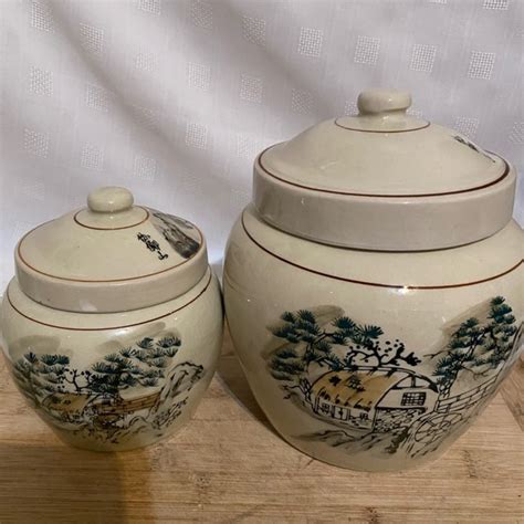 Accents Pair Of Vintage Japanese Village Porcelain Ginger Spice Cookie Jars Lids Poshmark