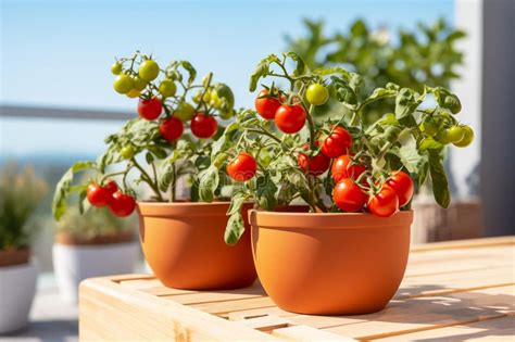 Ripe Cherry Tomatoes Growing in Terracotta Pots on Sunny Balcony Stock ...