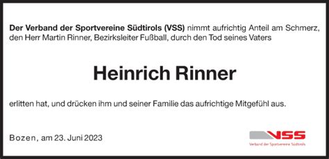 Traueranzeigen Von Heinrich Rinner Trauer Bz