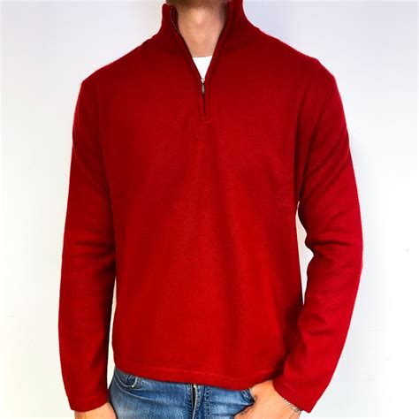 Mens Scarlett Red Cashmere Quarter Zip Jumper Extra Large Nearly New