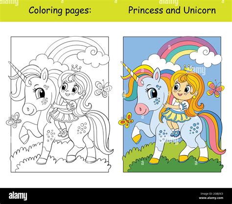 Linda pequeña princesa montando en un unicornio Página de libro para