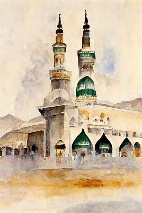 Watercolor Wall Tableau Art Painting Al Masjid An Nabawi In The Kingdom